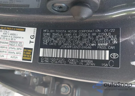 2022 Toyota Prius L from USA, damaged, VIN JTDKAMFU6N3169646